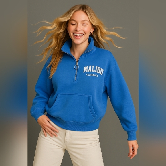 Vinyl Icons Sweaters - Vinyl Icons Blue Malibu California Quarter Zip Pullover Sweatshirt M Preppy Cozy